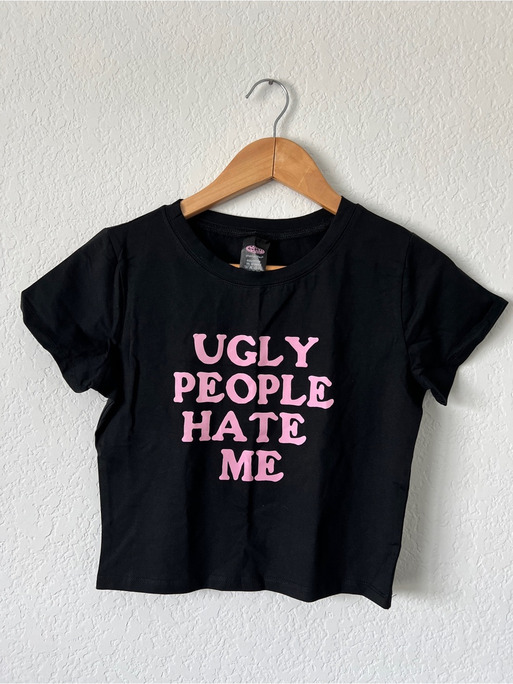 Cherry Kitten Black Crop Tee with Pink 'Ugly People Hate Me' Graphic